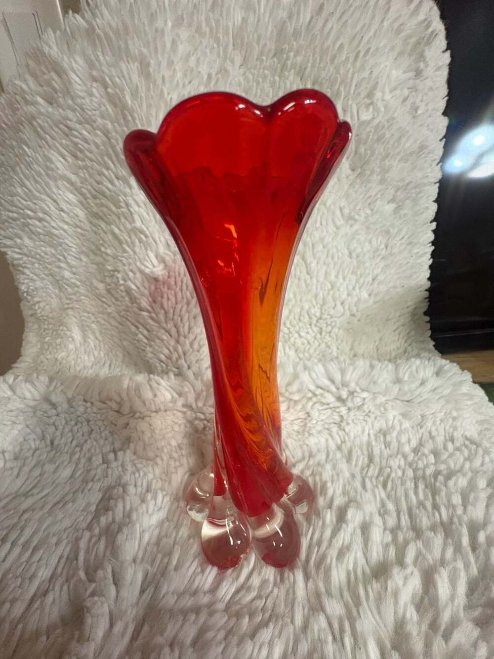 Vintage Ruby Red and Orange Swirl Art Glass Swung Vase with Petal Base